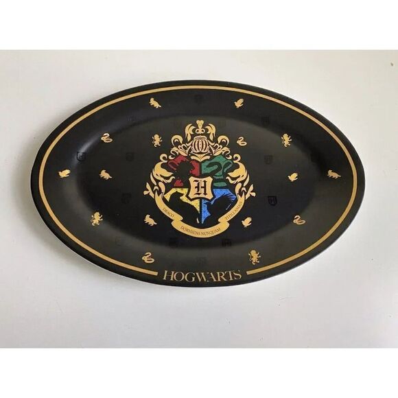 Harry Potter Hogwarts Oval Serving Platter Tray Ceramic Black/Gold Crests NEW - Picture 1 of 9